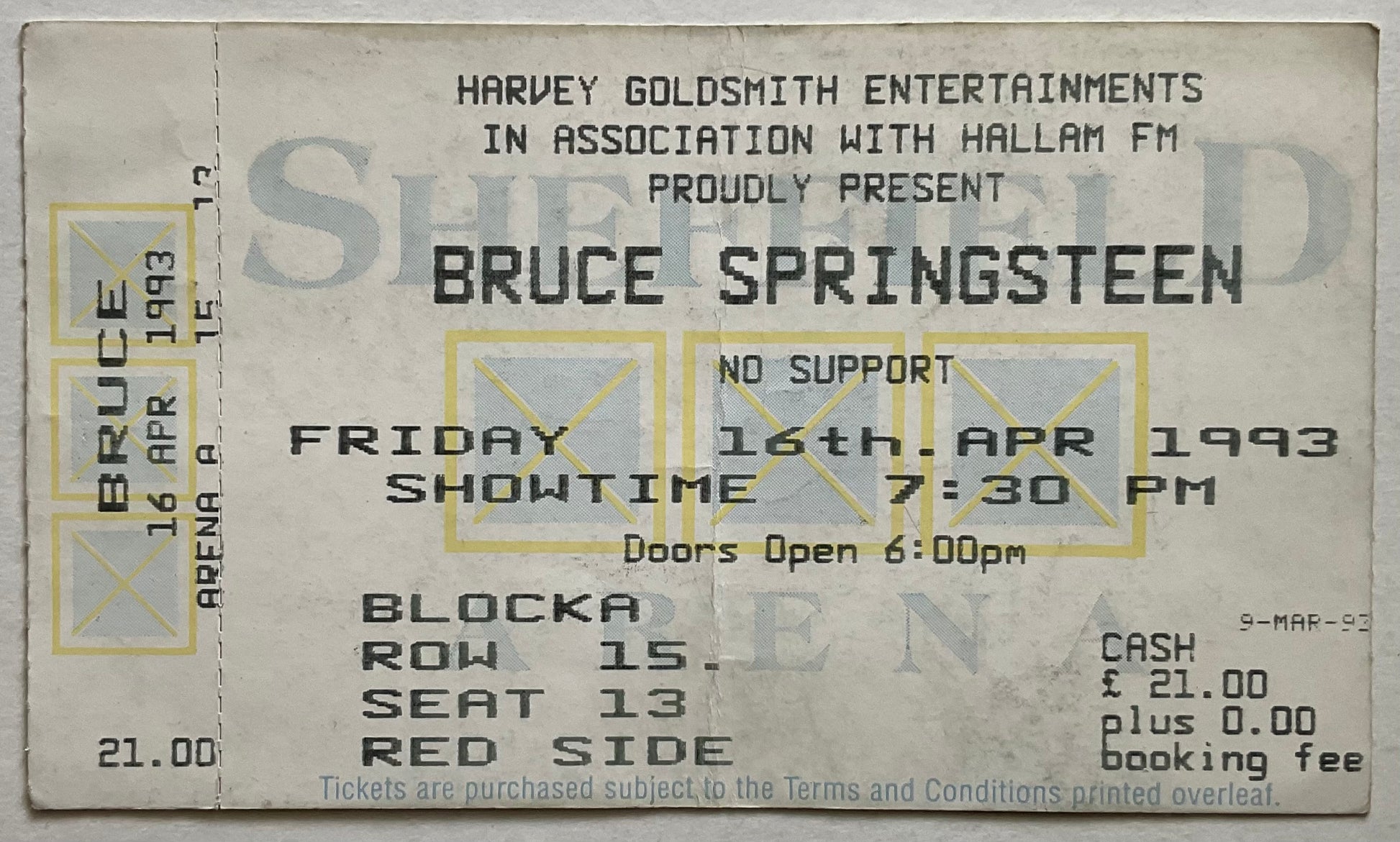 Bruce Springsteen Original Unused Concert Ticket Sheffield Arena 16th April 1993