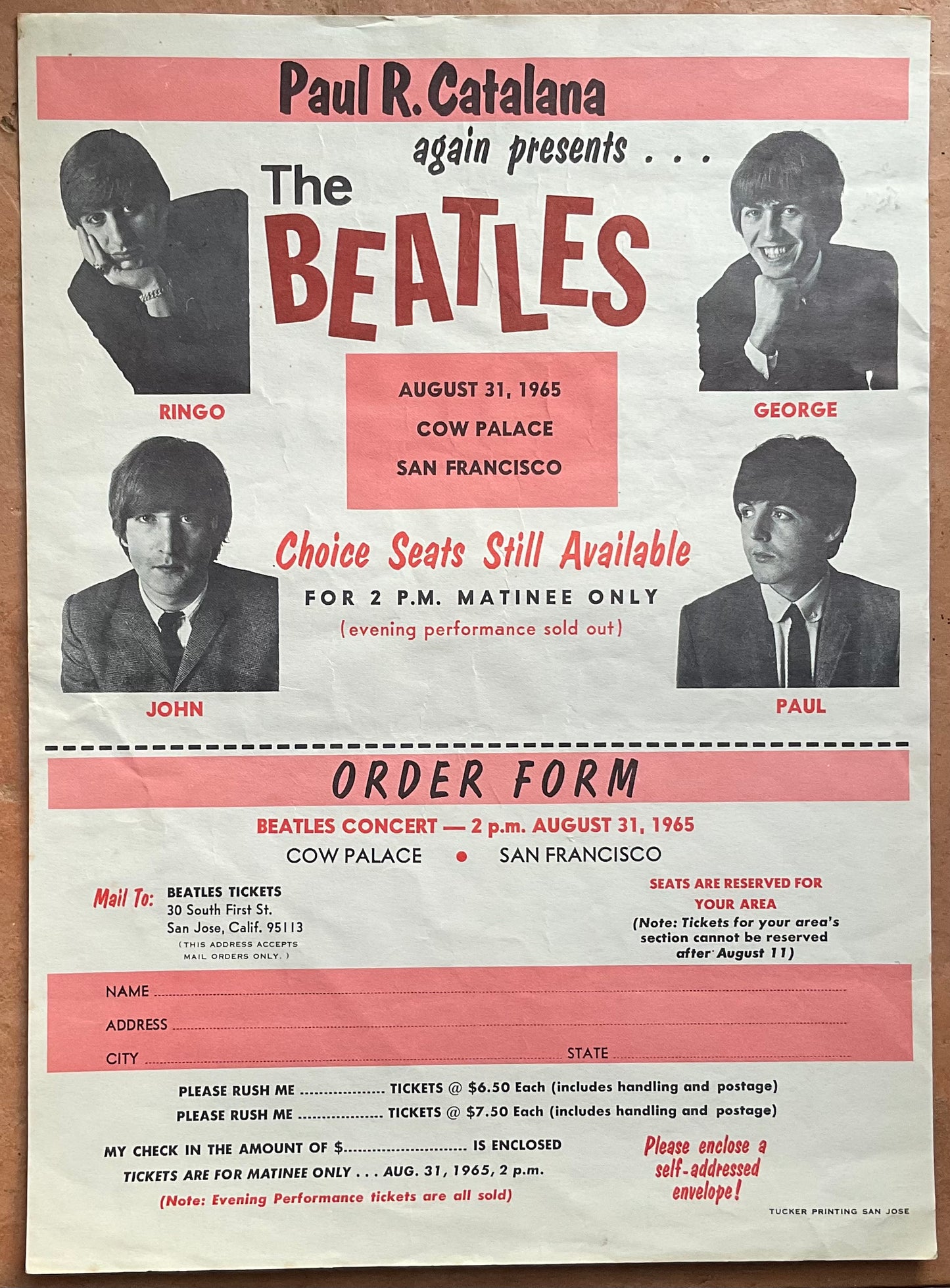 Beatles Original Concert Handbill Flyer Cow Palace San Francisco 1965
