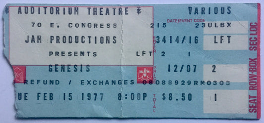 Genesis Original Used Concert Ticket Auditorium Theatre Chicago 15th Feb 1977