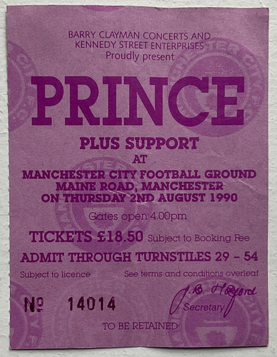 Prince Original Used Concert Ticket Manchester City Football Ground 2nd Aug 1990