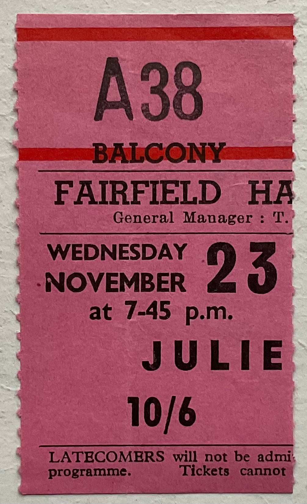 Julie Felix Original Used Concert Ticket Fairfield Hall Croydon London 23rd Nov 1966