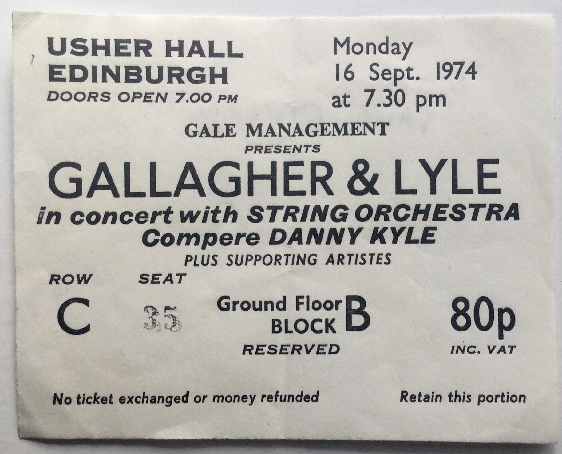 Gallagher & Lyle Original Used Concert Ticket Usher Hall Edinburgh 16th Sept 1974