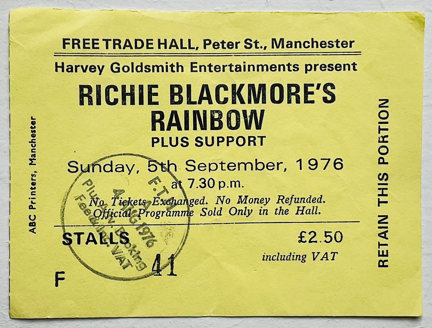Rainbow Ritchie Blackmore Original Used Concert Ticket Free Trade Hall Manchester 5th Sept 1976