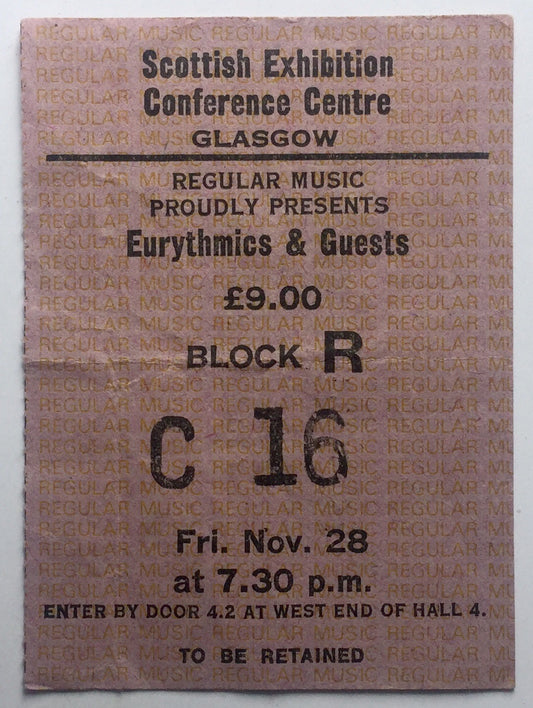 Eurythmics Original Used Concert Ticket SECC Glasgow 28th Nov 1986