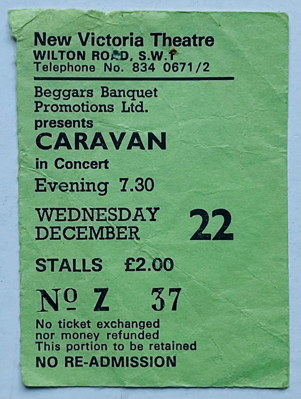 Caravan Original Used Concert Ticket New Victoria Theatre London 22nd Dec 1976