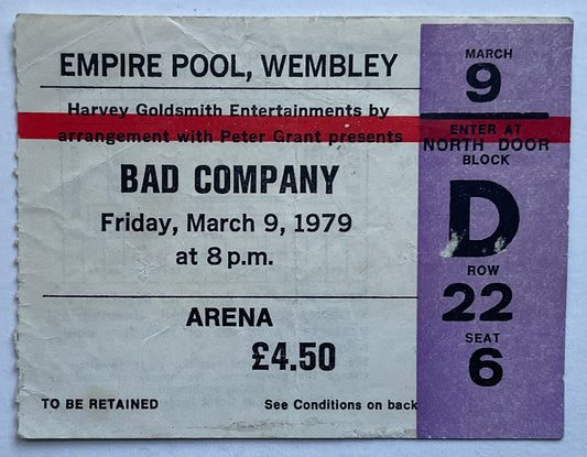 Bad Company Original Used Concert Ticket Wembley Arena London 9th Mar 1979