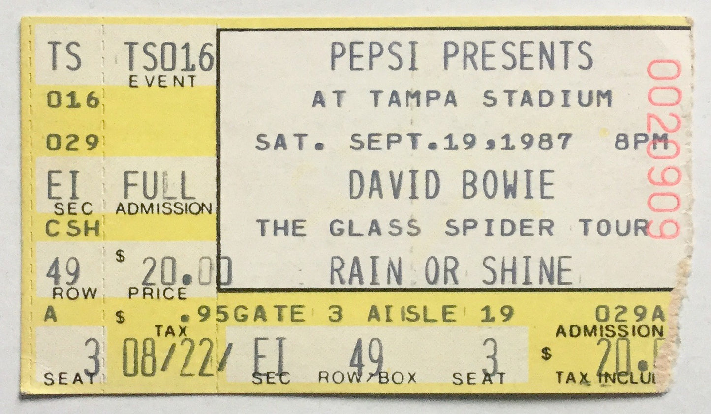 David Bowie Original Used Concert Ticket Tampa Stadium 19th Sept 1987