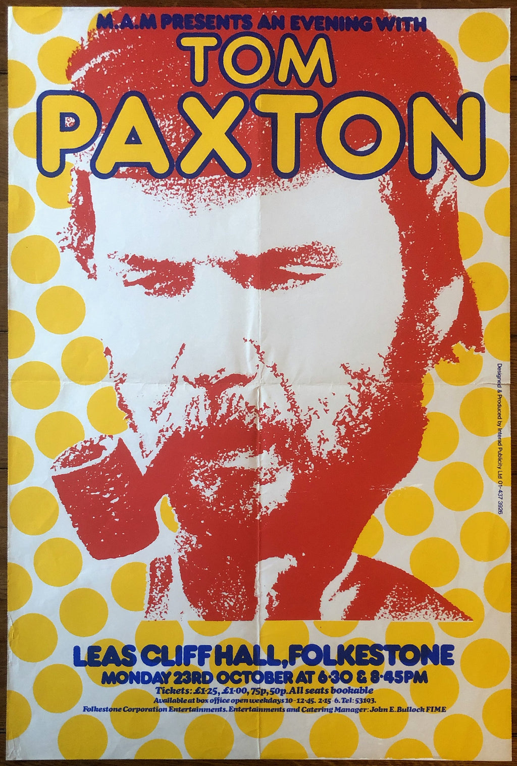 Tom Paxton Original Concert Tour Gig Poster Leas Cliff Hall Folkestone 23rd Oct 1972