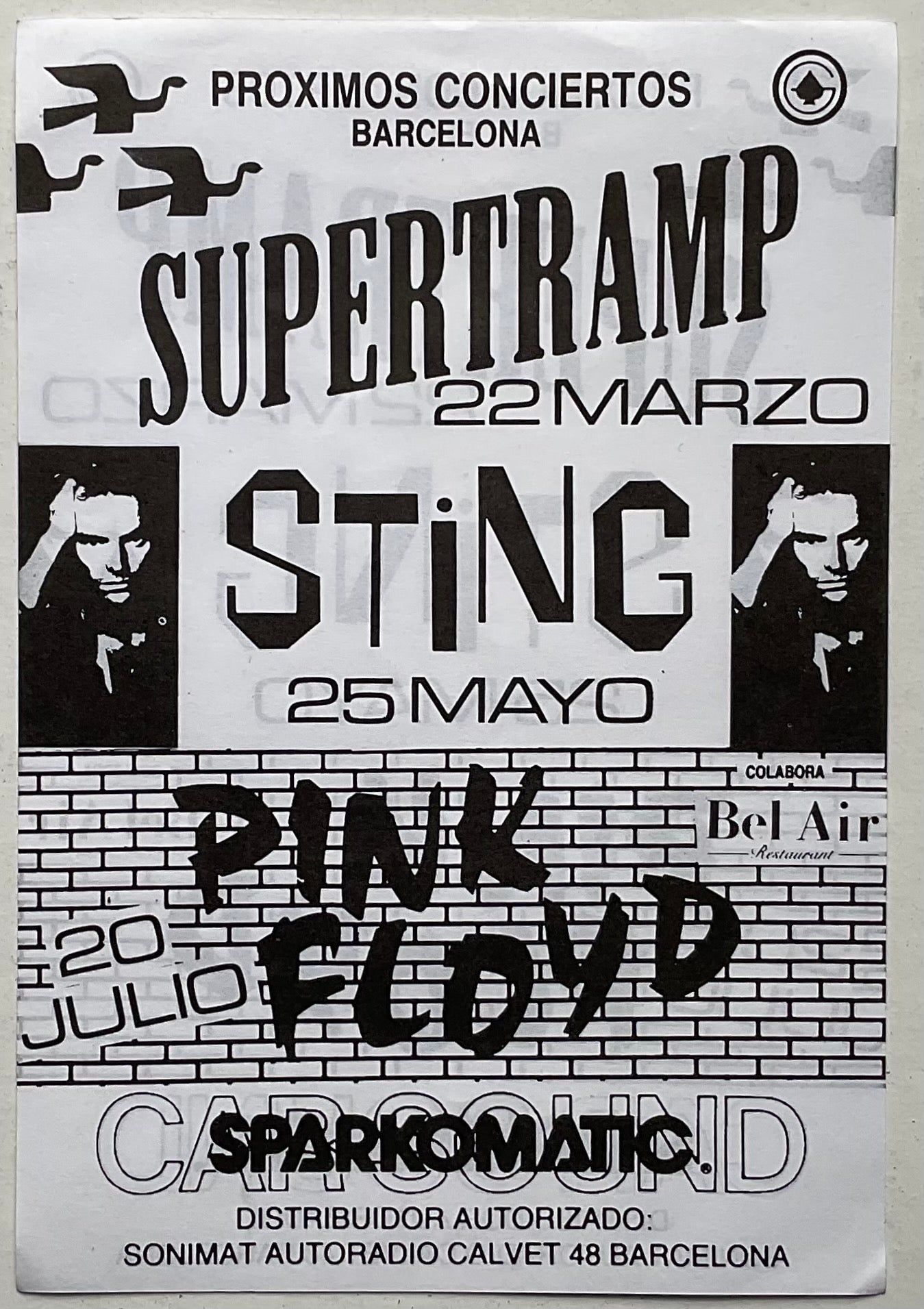 Pink Floyd Supertramp Sting Original Concert Handbill Flyer Estadio Sarria Espanol FC Barcelona 20th Jul 1988