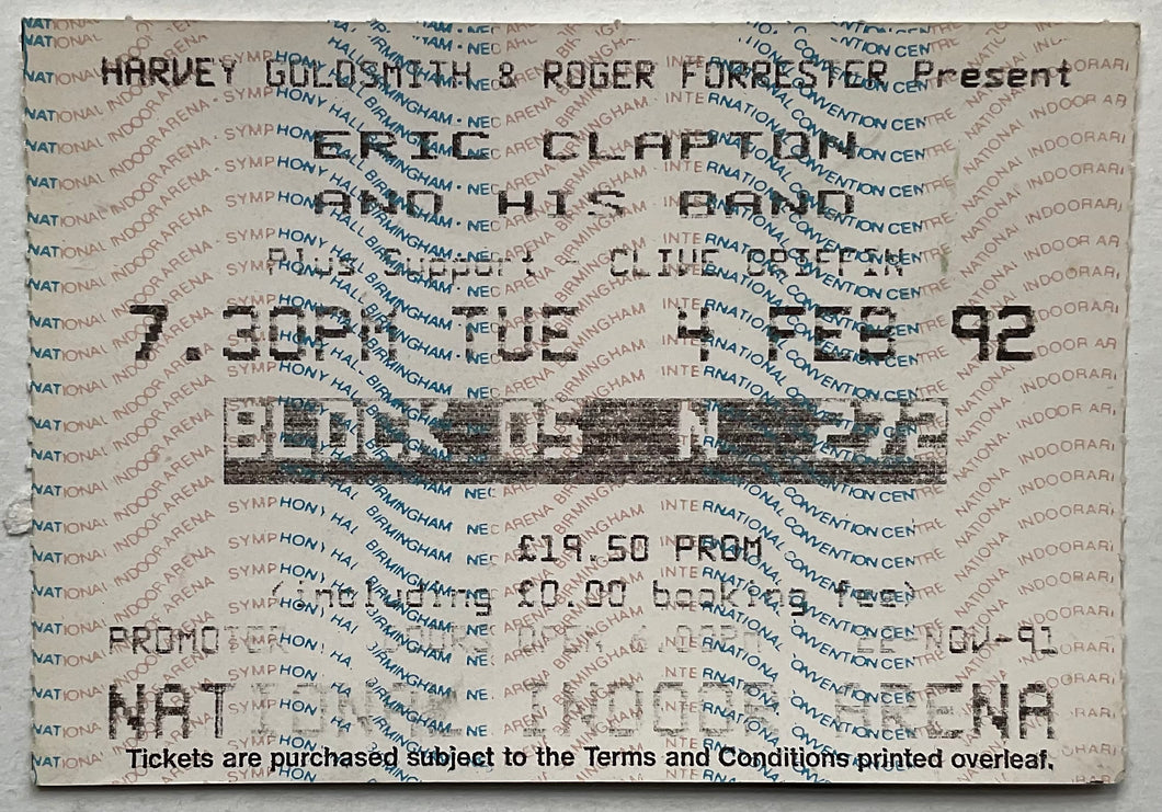 Eric Clapton Original Used Concert Ticket Royal NIA NEC Arena Birmingham 4th Feb 1992
