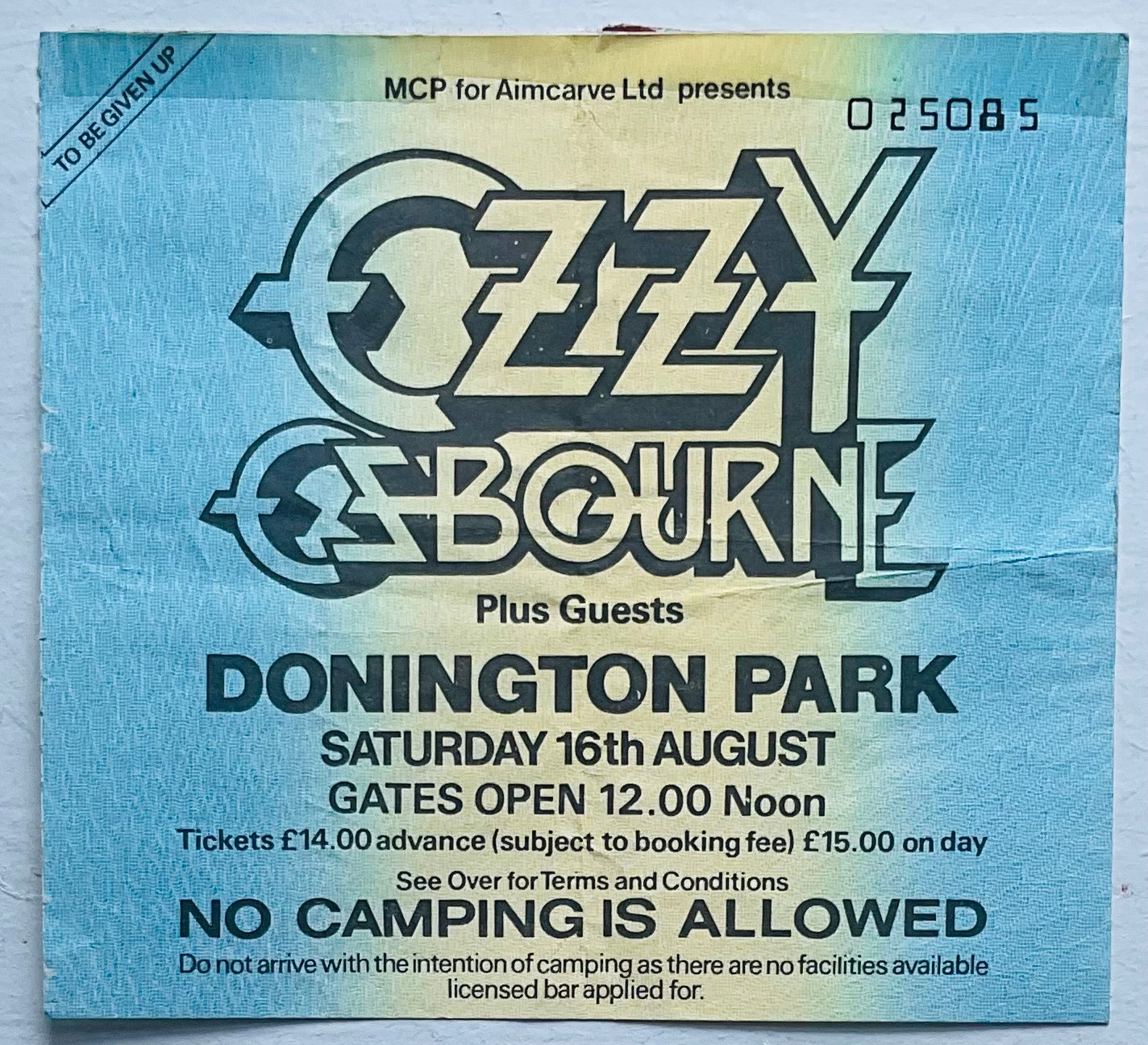 Ozzy Osbourne Original Used Concert Ticket Donnington Park 1986