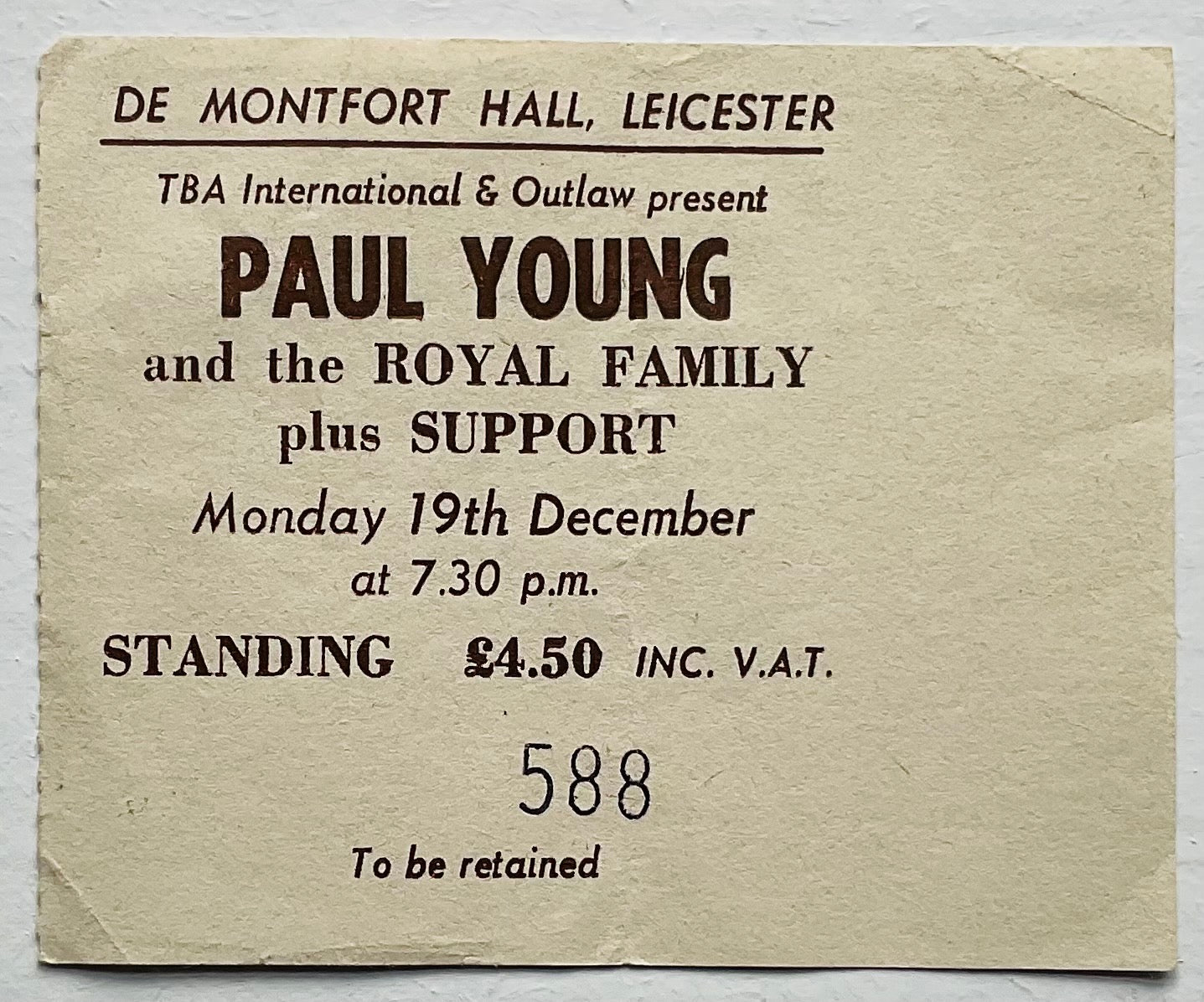 Paul Young Original Used Concert Ticket De Montfort Hall Leicester 19th Dec 1983