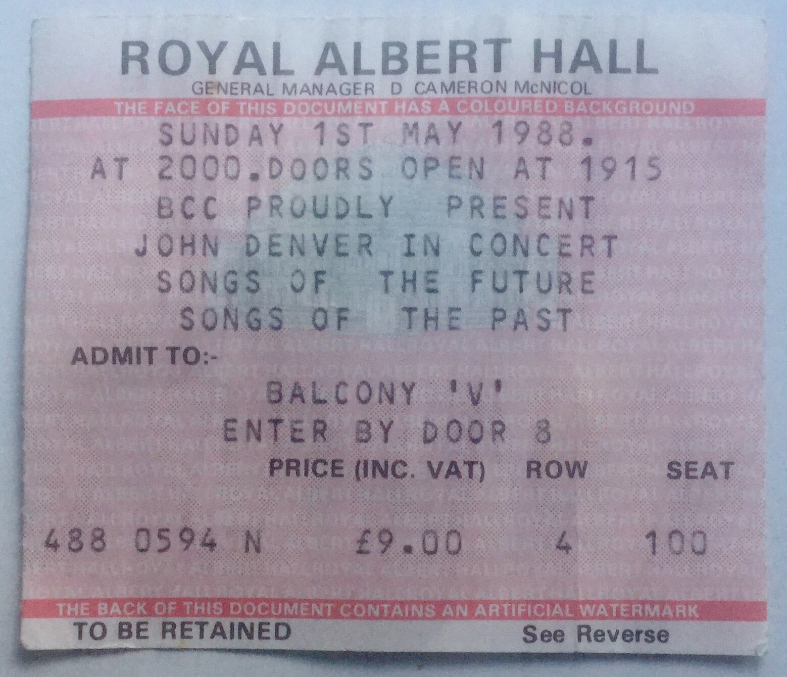 John Denver Original Used Concert Ticket Royal Albert Hall London 1st May 1988