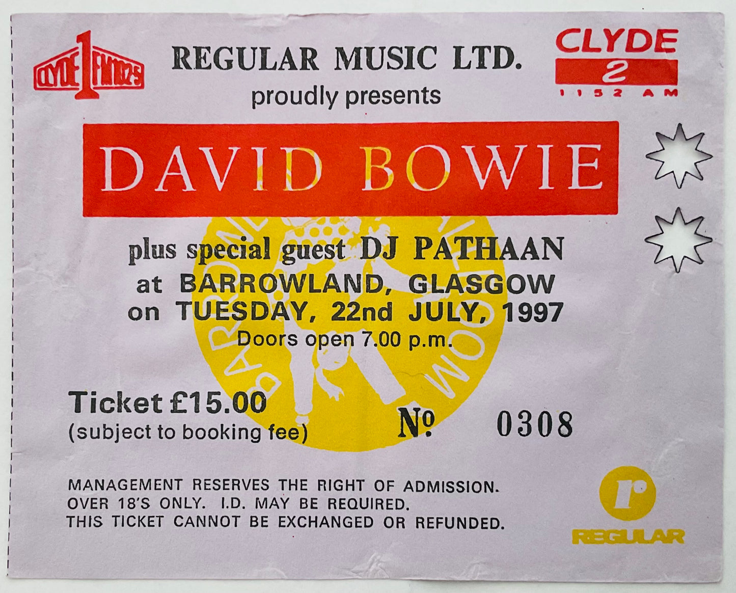 David Bowie Original Used Concert Ticket Barrowland Glasgow 22nd Jul 1997