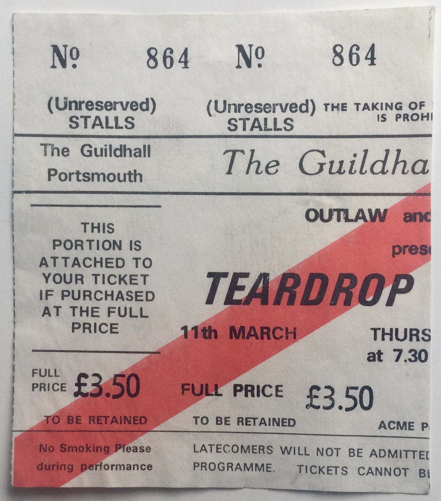 Teardrop Explodes Original Used Concert Ticket Guildhall Portsmouth 11th Mar 1982