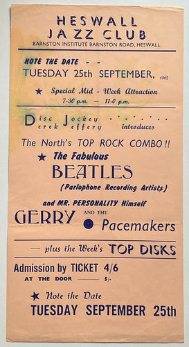 Beatles Original Concert Handbill Flyer Heswall Jazz Club 25th Sep 1962