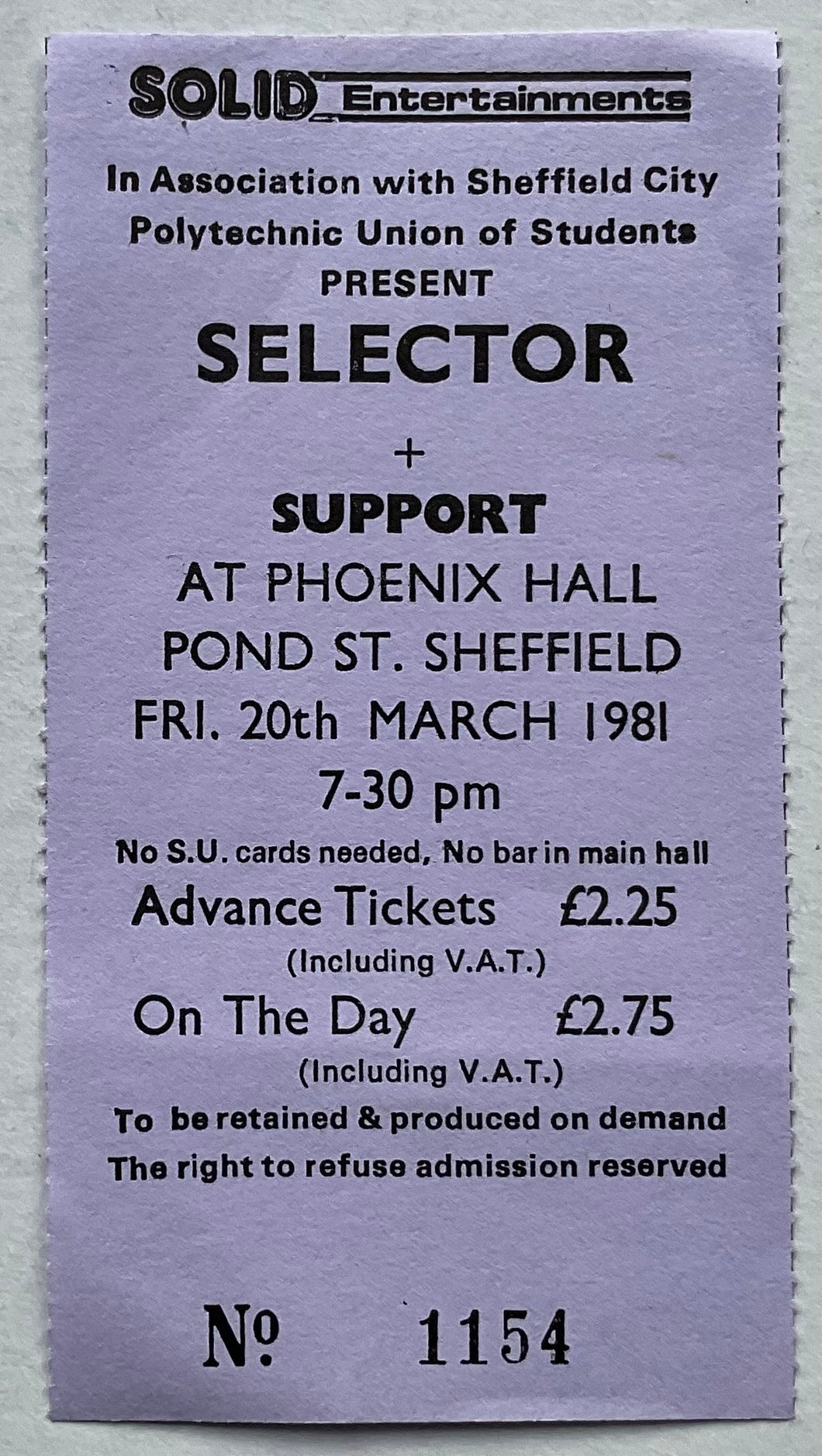 Selecter Original Used Concert Ticket Sheffield City Polytechnic 20th Mar 1981