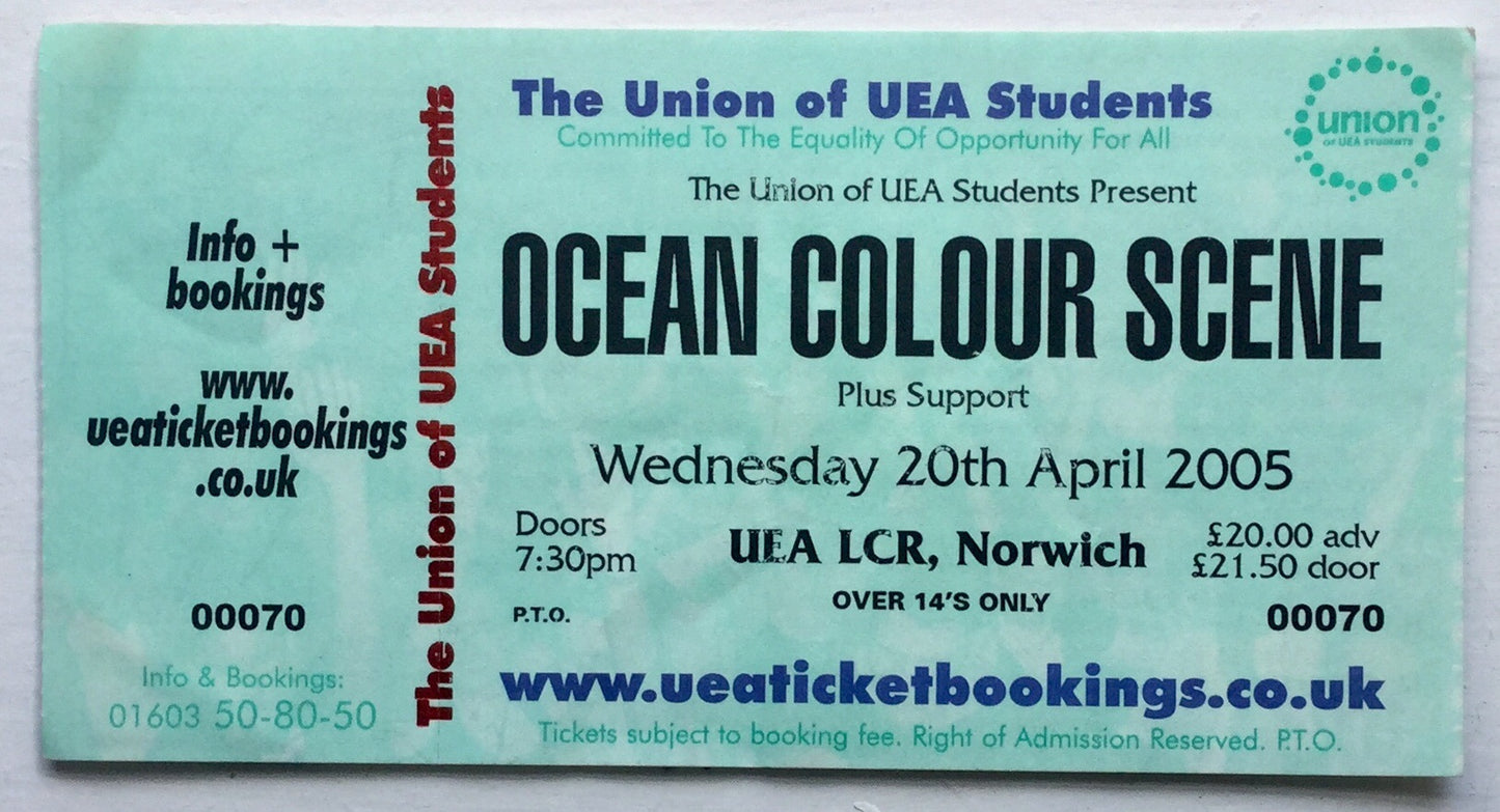 Ocean Colour Scene Original Unused Concert Ticket UEA Norwich 20th Apr 2005