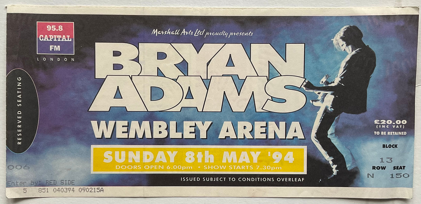 Bryan Adams Original Used Concert Ticket Wembley Arena London 1994