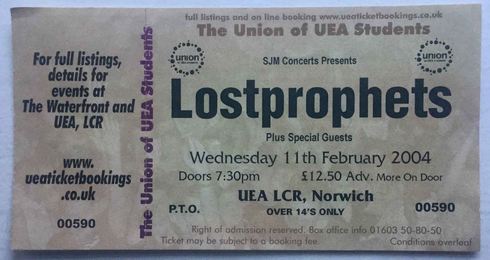 Lostprophets Original Unused Concert Ticket UEA Norwich 11th Feb 2004