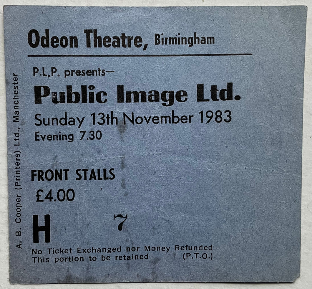 Public Image Limited PiL Original Used Concert Ticket Odeon Theatre Birmingham 13th Nov 1983