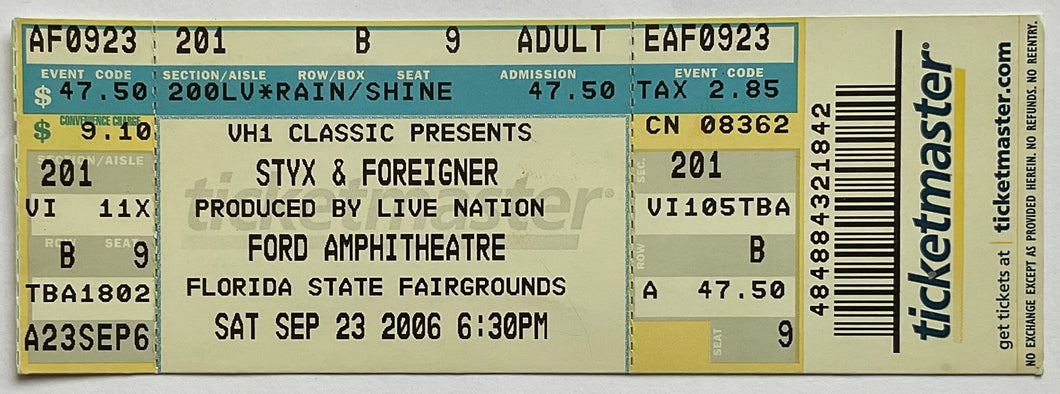 Styx Foreigner Original Unused Concert Ticket Ford Amphitheatre Florida 23rd Sep 2006