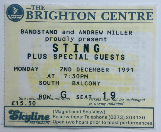 Police Sting Original Used Concert Ticket Brighton Centre 2nd Dec 1991