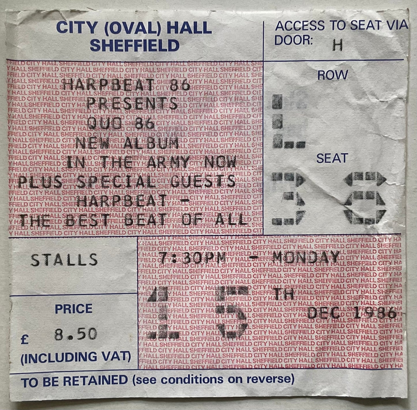 Status Quo Original Used Concert Ticket City Hall Sheffield 15th Dec 1986