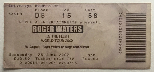 Pink Floyd Roger Waters Original Used Concert Ticket Wembley Arena London 26th June 2002