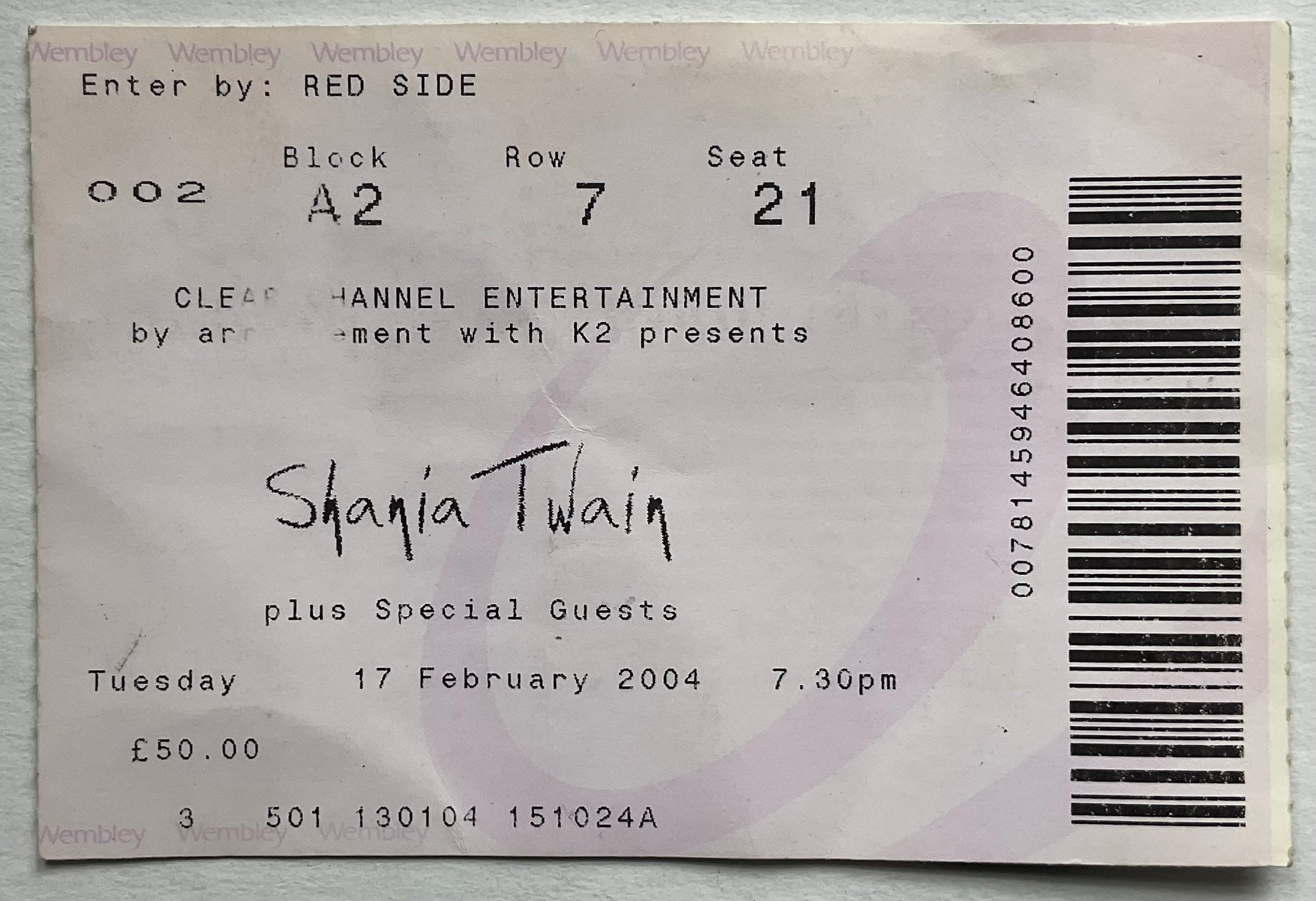 Shania Twain Original Used Concert Ticket Wembley Arena London 17th Feb 2004