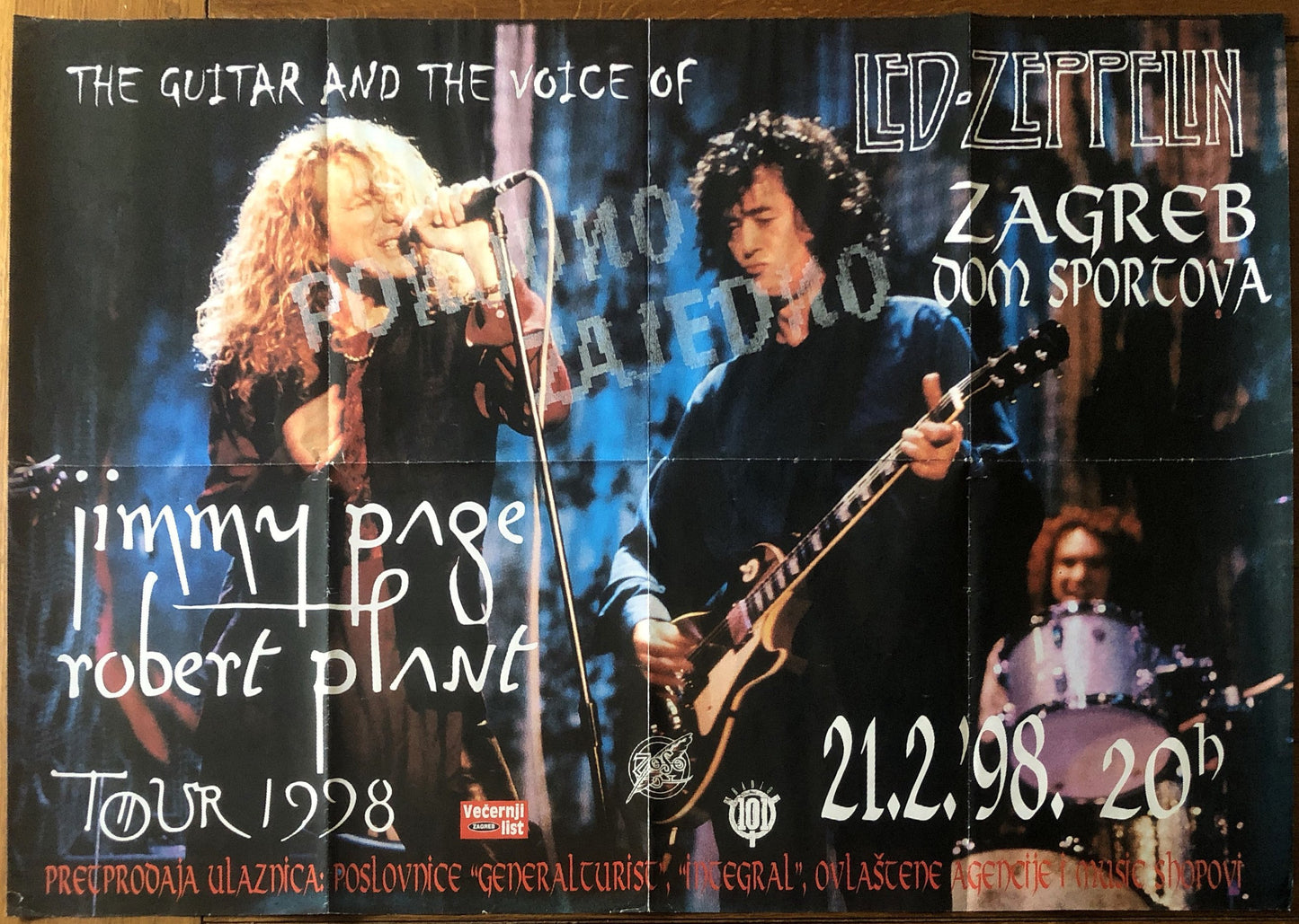 Led Zeppelin Jimmy Page Robert Plant Original Concert Gig Poster Dom Sportova Zagreb 21st Feb 1998