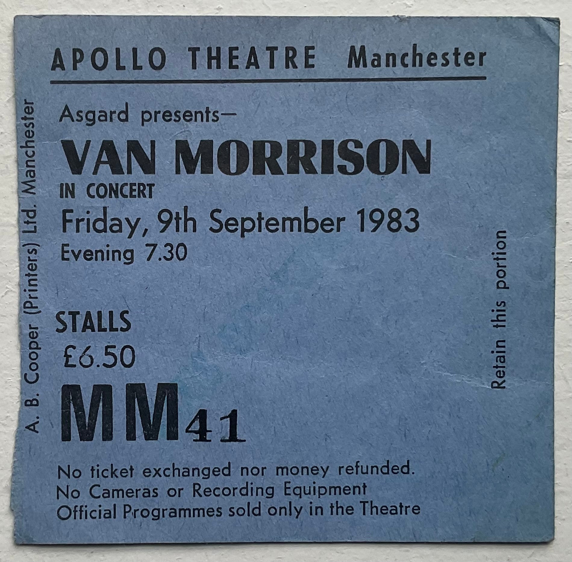 Van Morrison Original Used Concert Ticket Apollo Theatre Manchester 9th Sep 1983