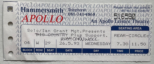 Big Country Hugh Cornwell Original Used Concert Ticket Hammersmith Odeon London 26th May 1993