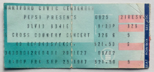 David Bowie Original Used Concert Ticket Hartford Civic Center 25th Sept 1987