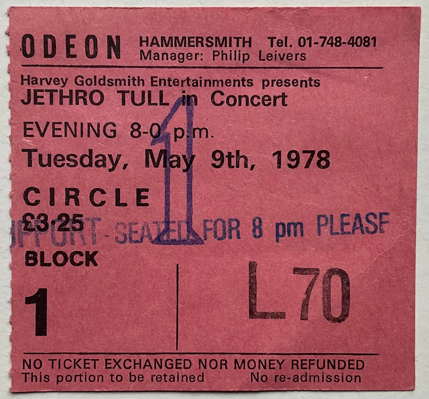 Jethro Tull Original Used Concert Ticket Hammersmith Odeon London 9th May 1978