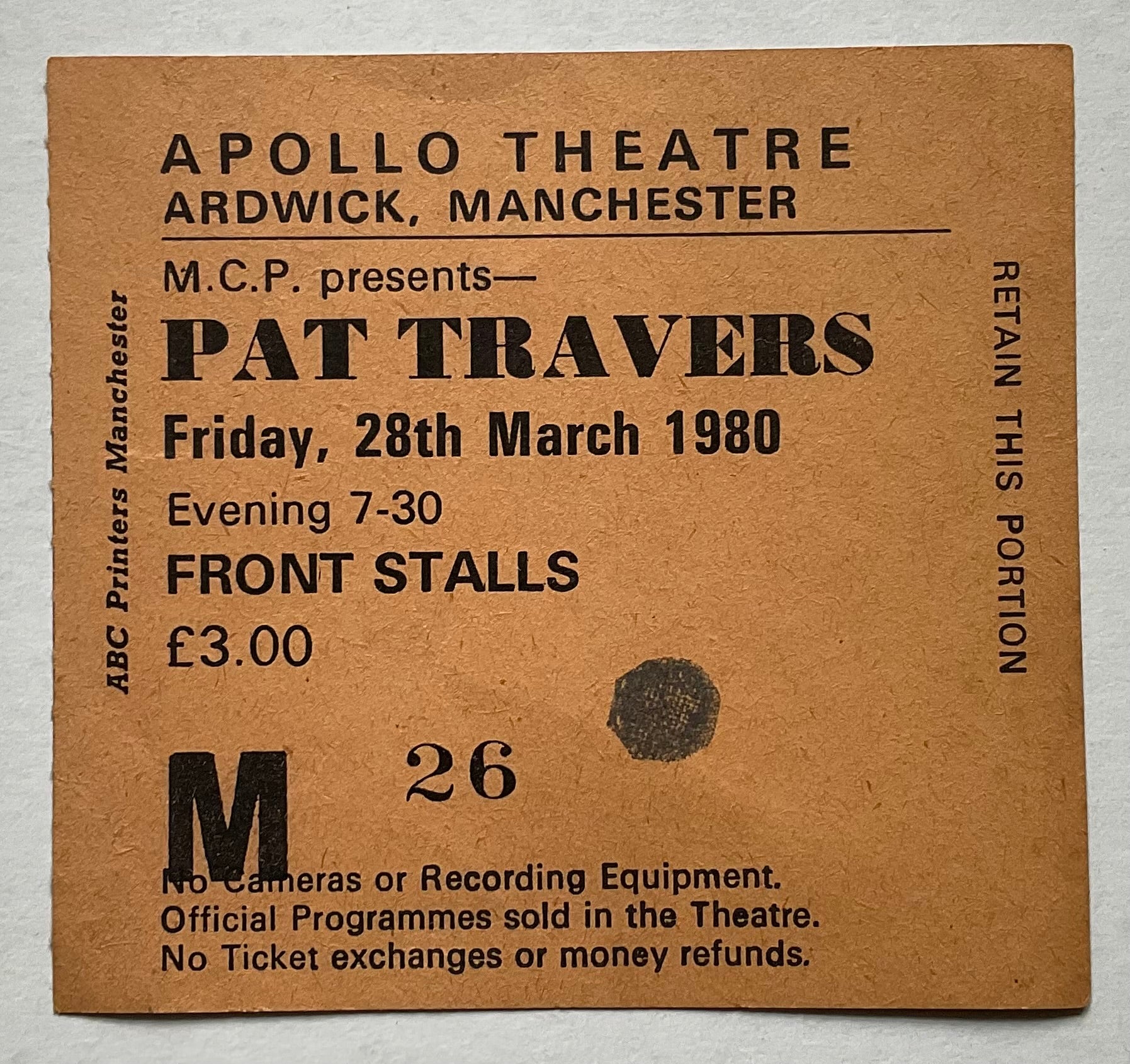 Pat Travers Original Used Concert Ticket Apollo Theatre Manchester 28th March 1980