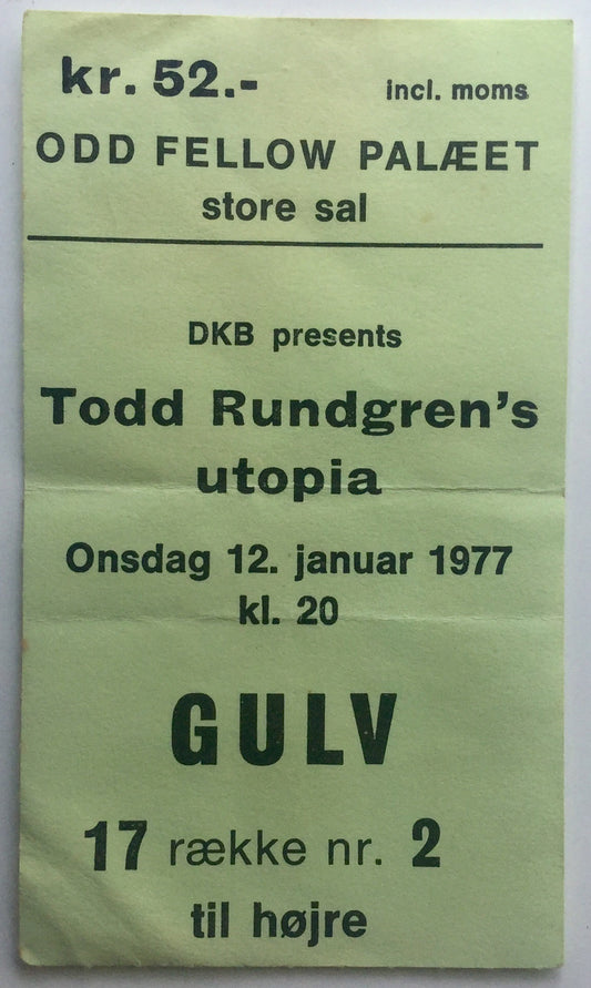 Todd Rundgren’s Utopia Original Used Concert Ticket Odd Fellows Mansion Copenhagen 12th Jan 1977