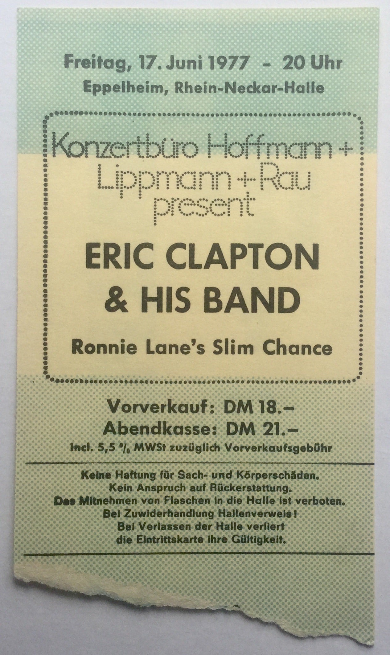 Eric Clapton Original Used Concert Ticket Rhein Neckar Halle Eppelheim 17th Jun 1977