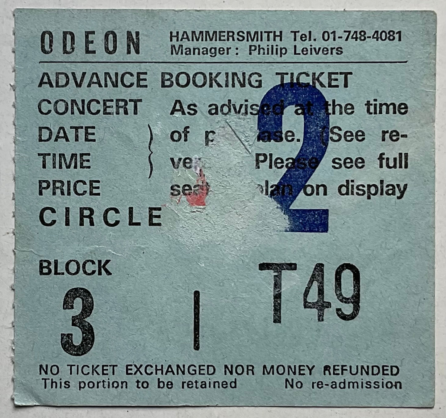 Led Zeppelin Robert Plant Original Used Concert Ticket Hammersmith Odeon London 12th Dec 1983