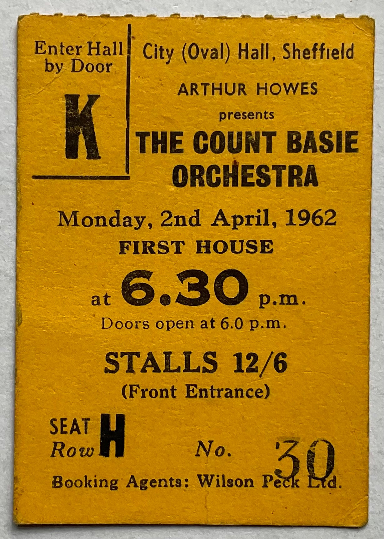 Count Basie Original Used Ticket City Hall Sheffield 2nd Apr 1962