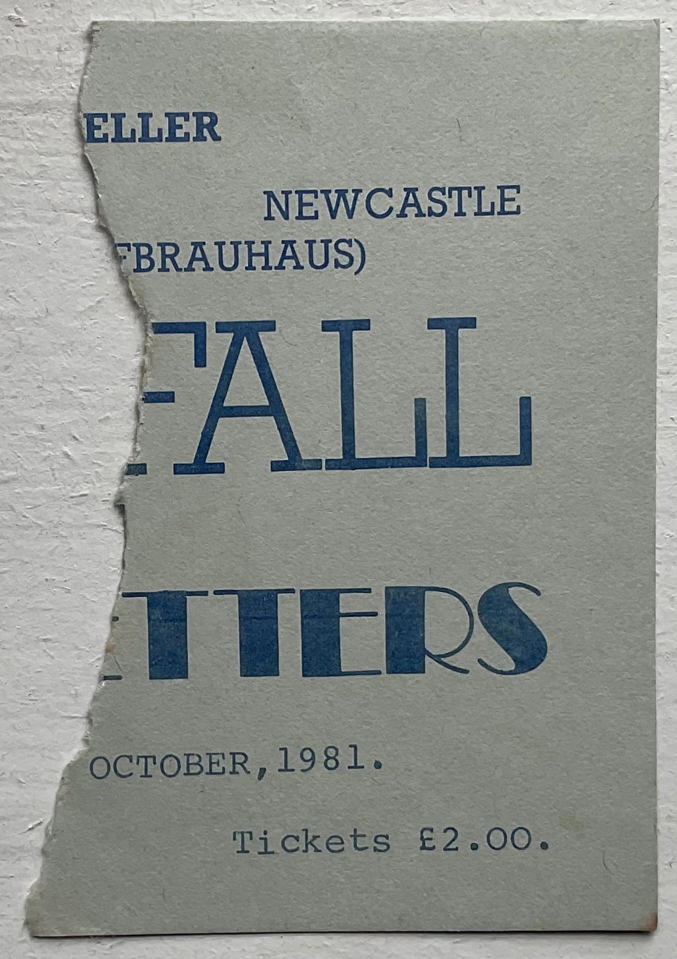 Fall Original Used Concert Ticket Bierkeller Newcastle 27th Oct 1981
