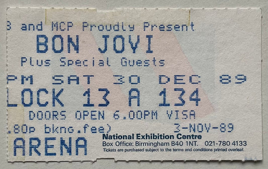 Bon Jovi Original Used Concert Ticket NEC Arena Birmingham 30th Dec 1989