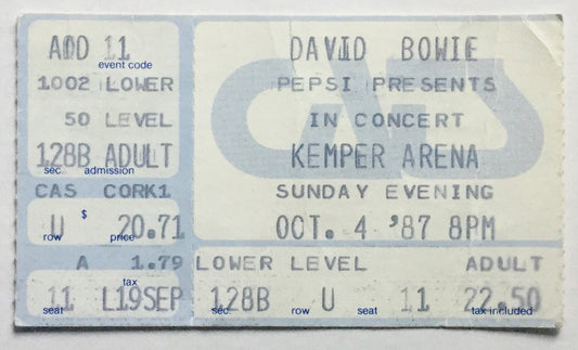 David Bowie Original Used Concert Ticket Kemper Arena Kansas City 4th Oct 1987