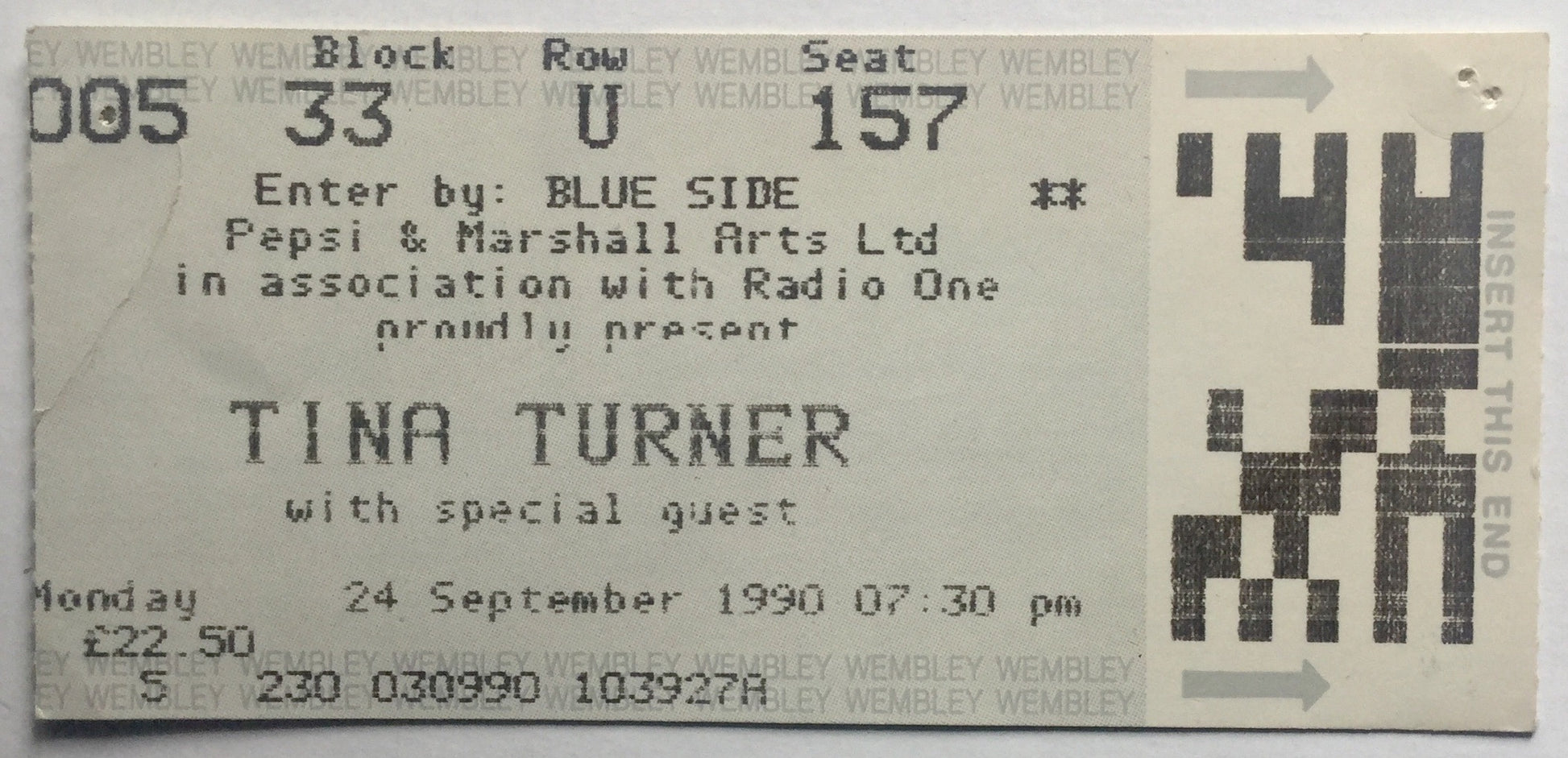 Tina Turner Original Used Concert Ticket Wembley Arena London 24th Sept 1990