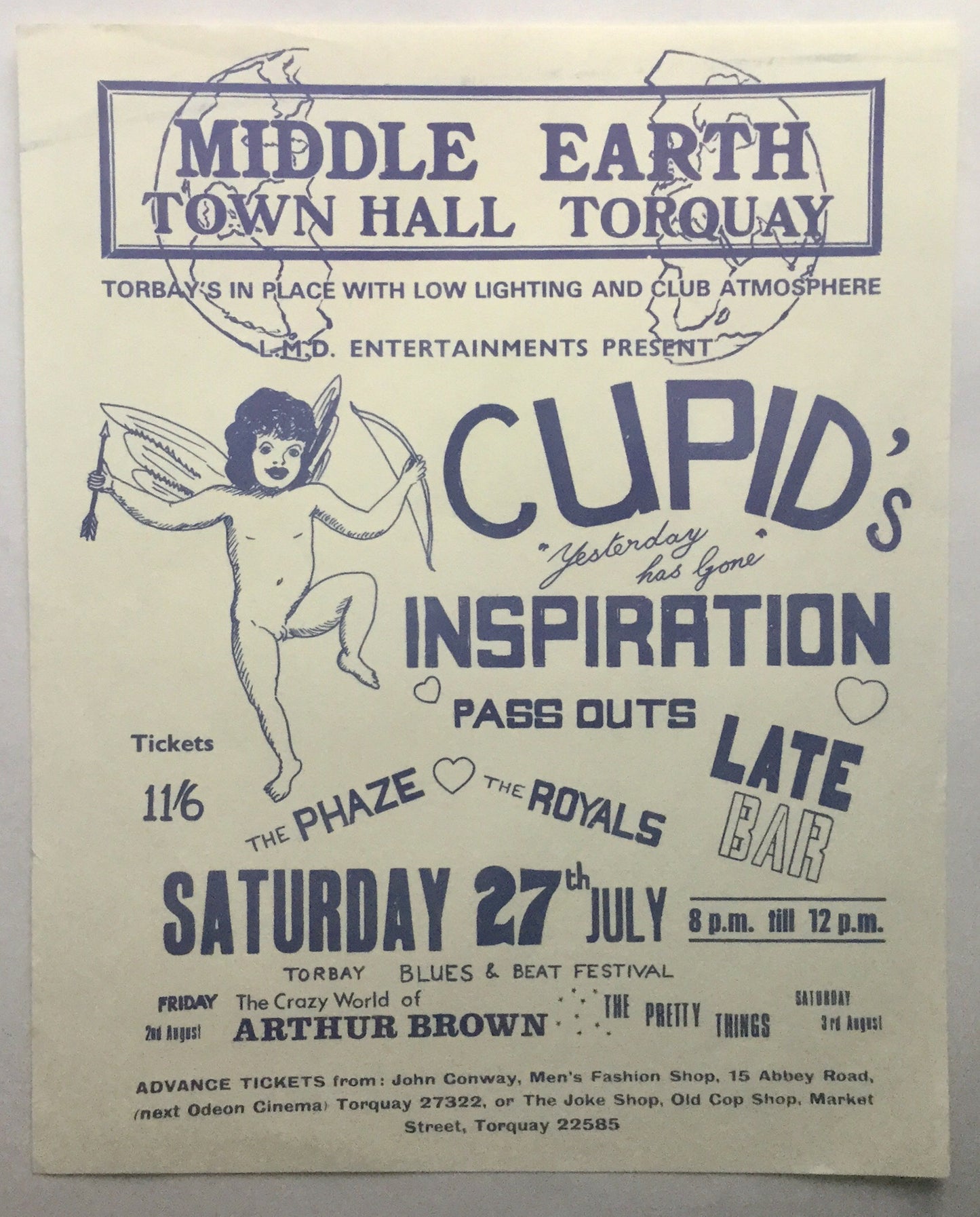 Cupid’s Inspiration The Pretty Things Arthur Brown Original Concert Handbill Flyer Town Hall Torquay 1968