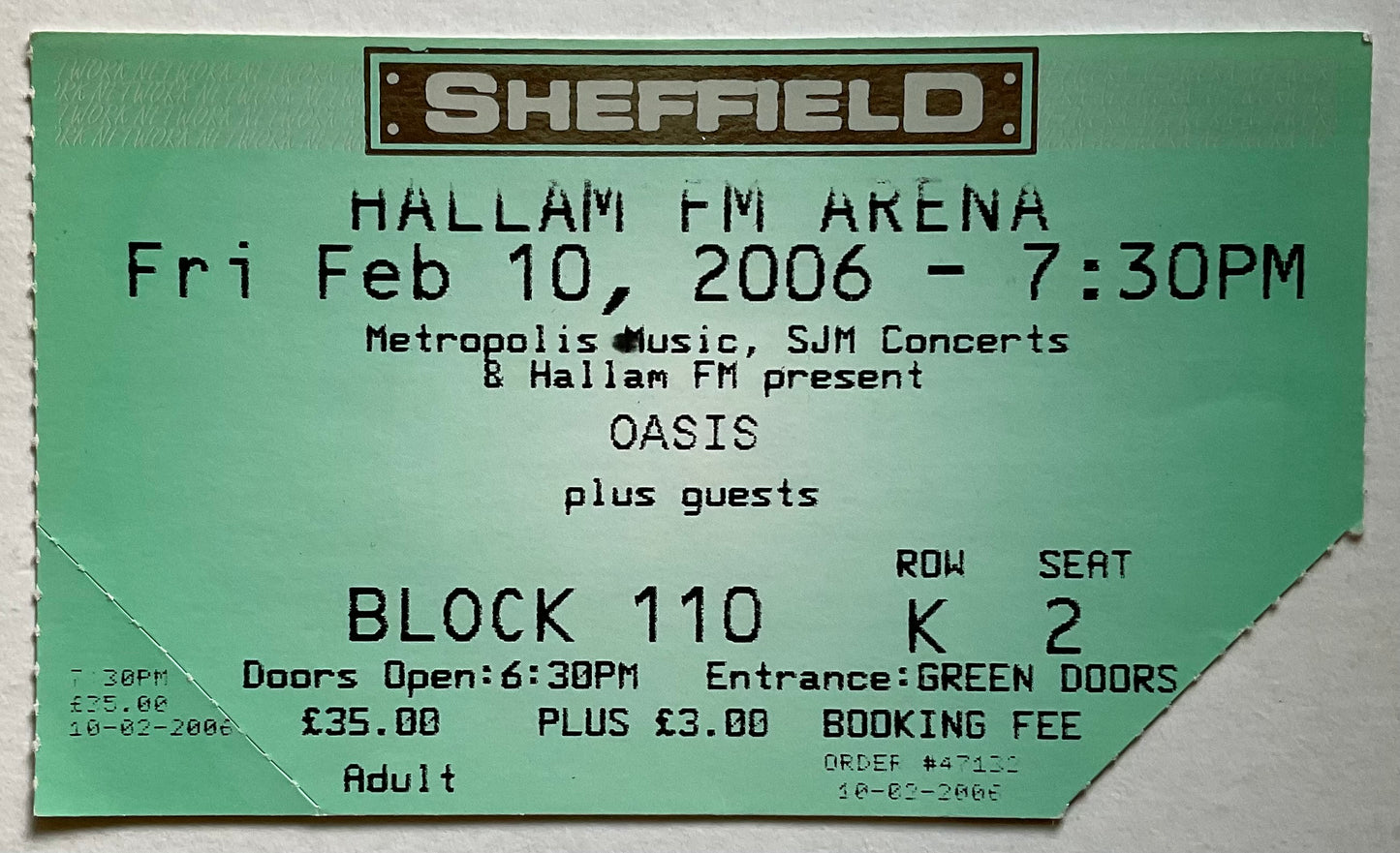 Oasis Original Used Concert Ticket Hallam FM Arena Sheffield 10th Feb 2006