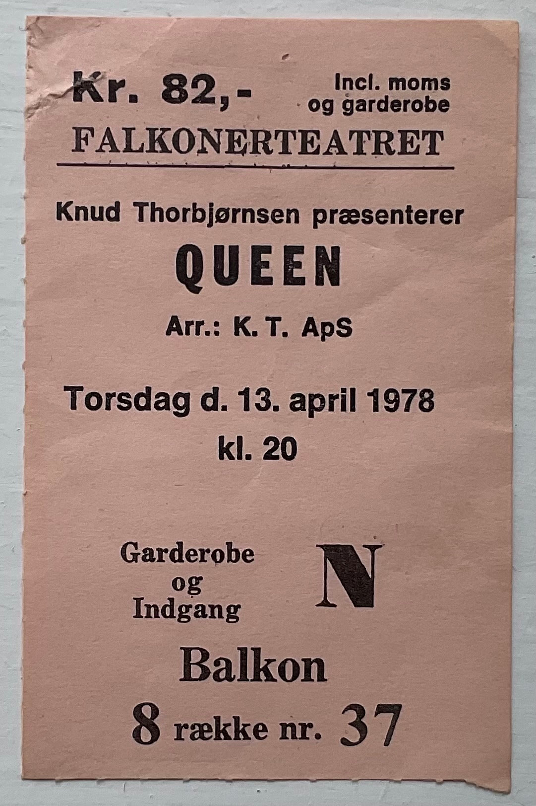 Queen Original Used Concert Ticket Falkonerteatret Copenhagen 13th Apr 1978