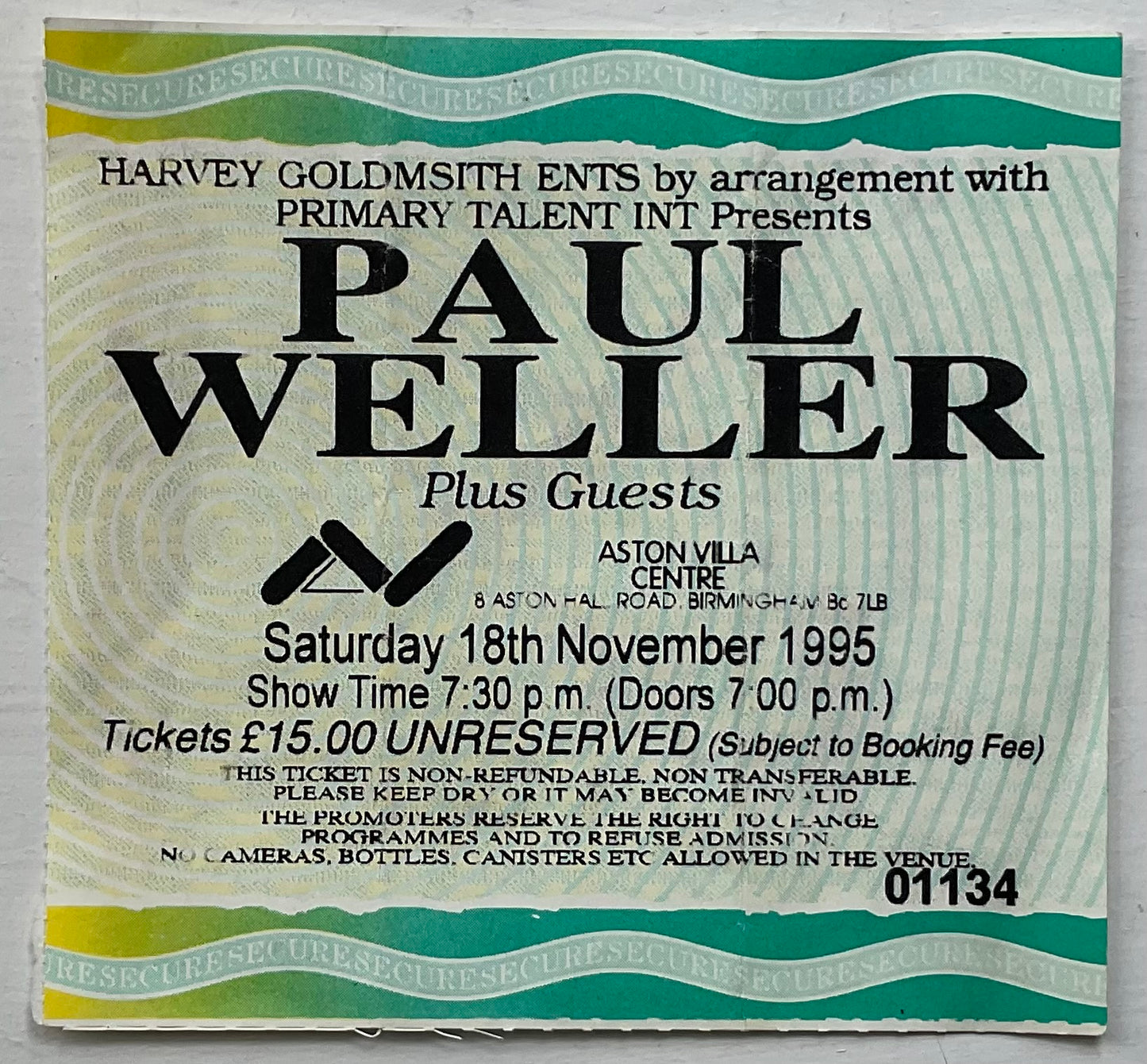 Paul Weller Original Used Concert Ticket Aston Villa Centre Birmingham 18 Nov 1995