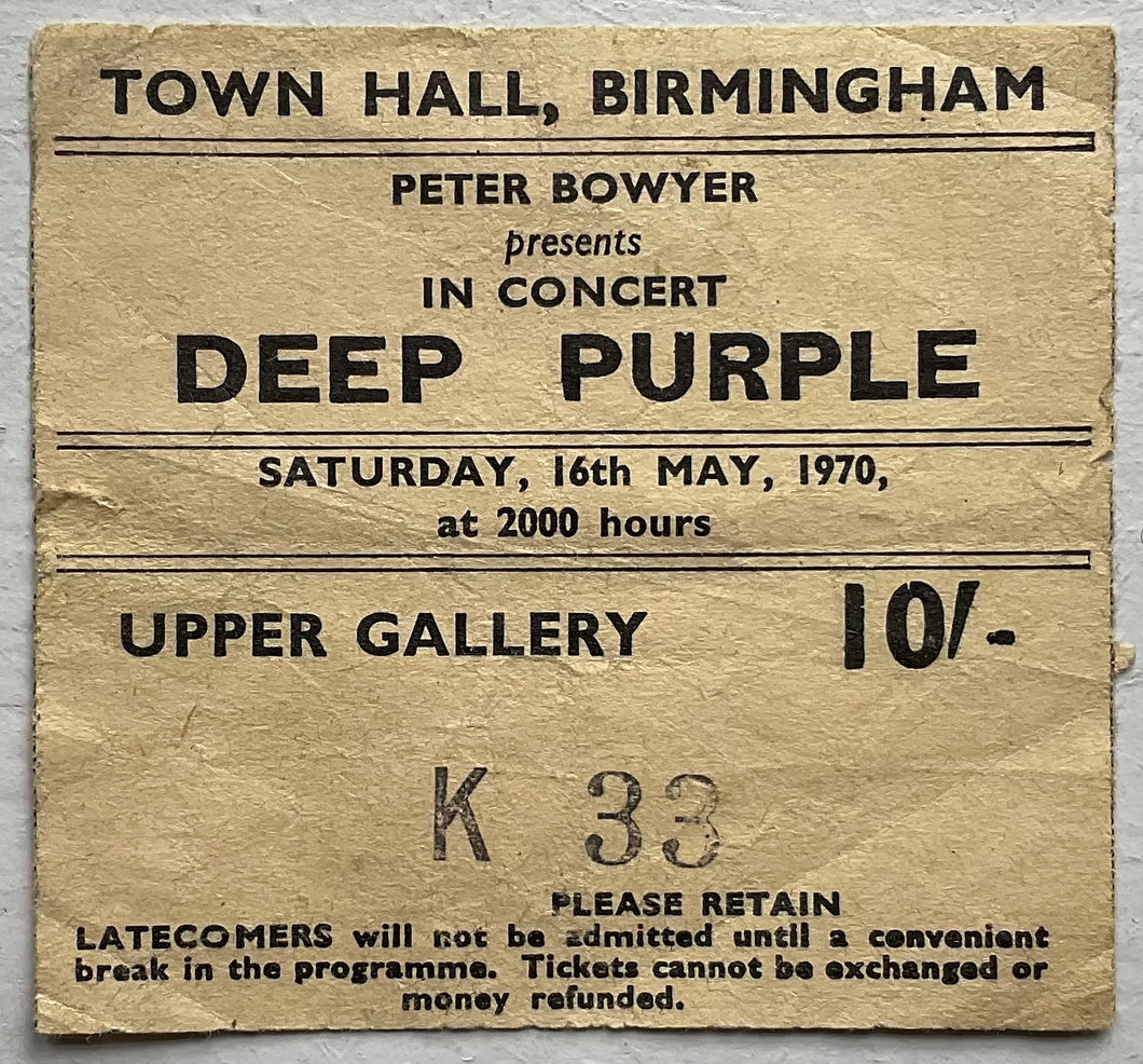 Deep Purple Original Used Concert Ticket Town Hall Birmingham 16th May 1970