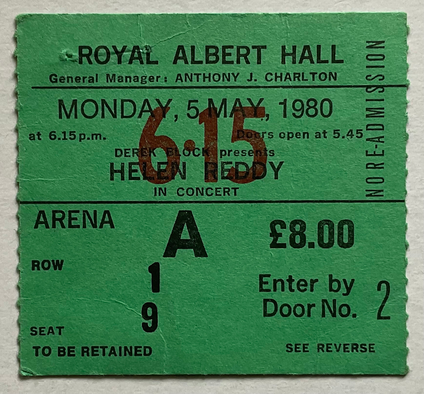 Helen Reddy Original Used Concert Ticket Royal Albert Hall London 5th May 1980